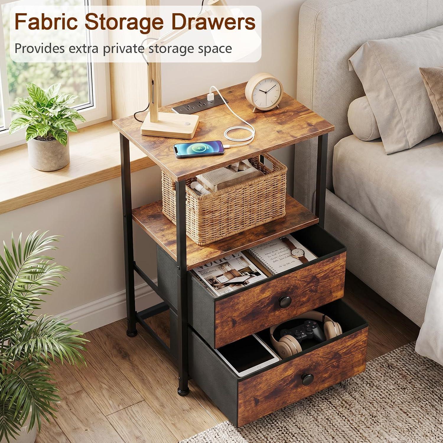Night Stand, Nightstands Set Of 2 With Charging Station | Bedside Table With 2 Fabric Drawers For Bedroom, End Tables With Storage Shelf For Small Spaces, Rustic Brown