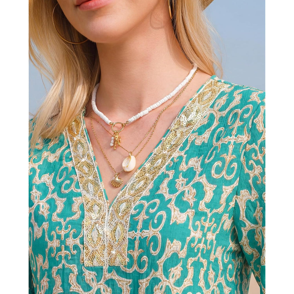 Bebonnie Womens 3/4 Sleeve Embroidered V Neck Boho Blouses Old Money Dressy Casual Tunic Tops