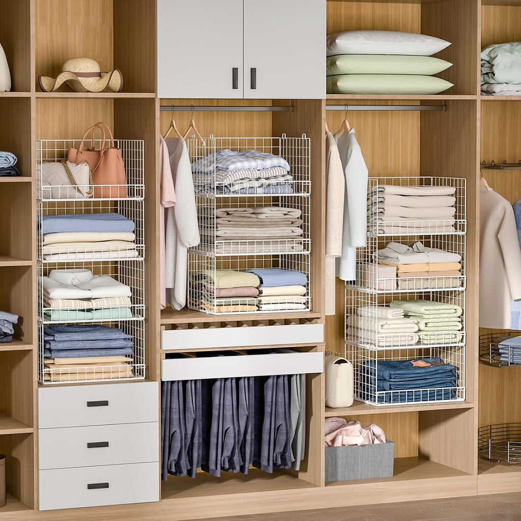 4-Tier Stackable Closet Organizers And Storage Basket, Foldable Closet Shelf Organizer System, Space-Saving Clothes Storage Drawer Organizer For Wardrobe, White ((Patent 30022416))