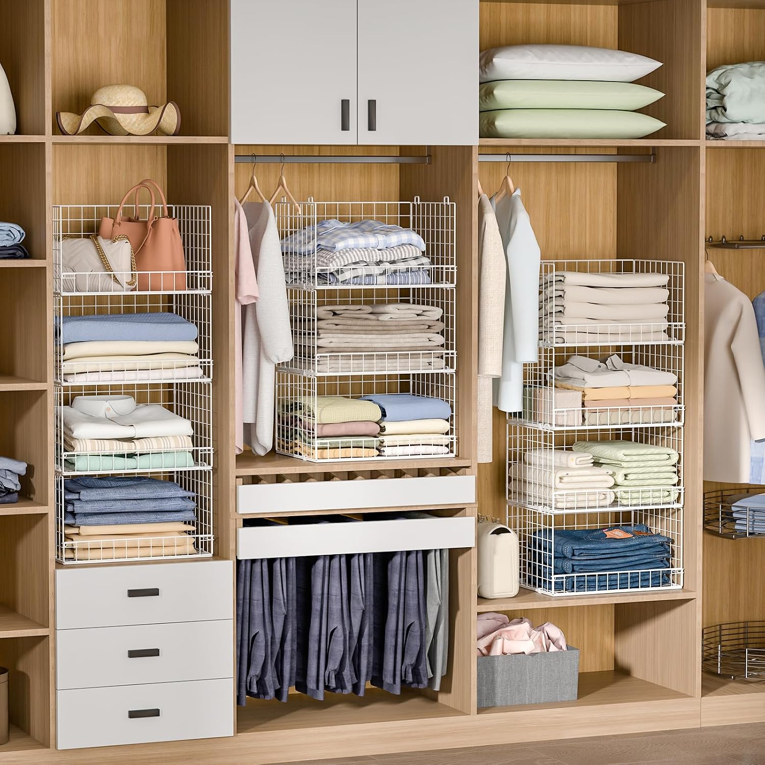 4-Tier Stackable Closet Organizers And Storage Basket, Foldable Closet Shelf Organizer System, Space-Saving Clothes Storage Drawer Organizer For Wardrobe, White ((Patent 30022416))