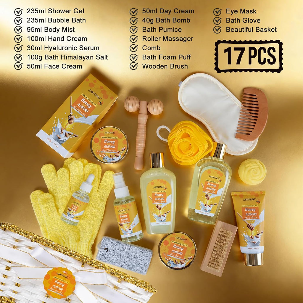 17-Piece Mothers Day Gifts For Women & Men, Almond Luxury Spa Gift Set Bath And Body Gift Basket Set Care Kit Face Skin Care Set, Bath & Body Care Set, Christmas, Valentines, Birthday, Anniversary