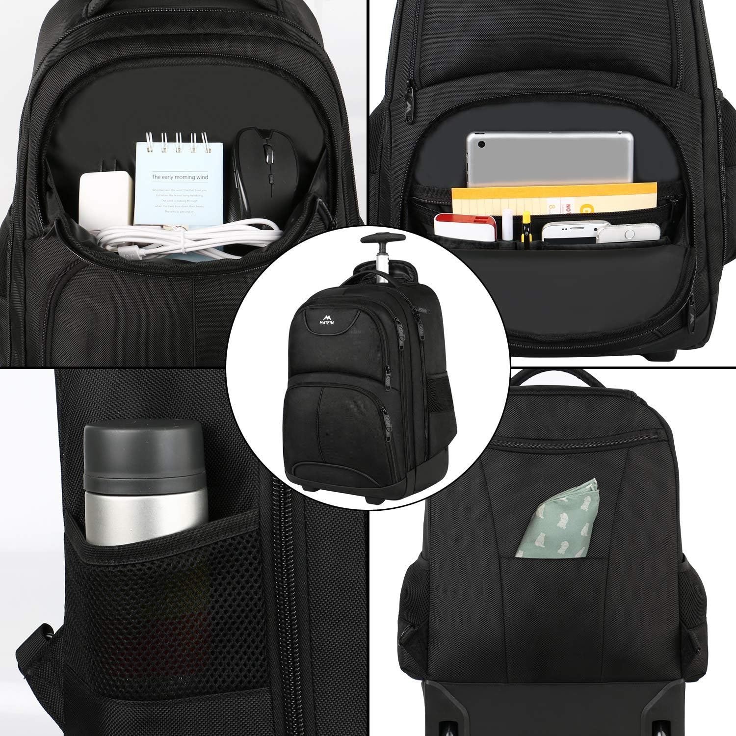 Matein Rolling Backpack, 17 Inch Water Resistant Wheeled Laptop Backpack | Carry On Luggage Business Bag, Large Capacity, Overnight College Computer Bag, Trolley Suitcase For Men Women, Travel, Black