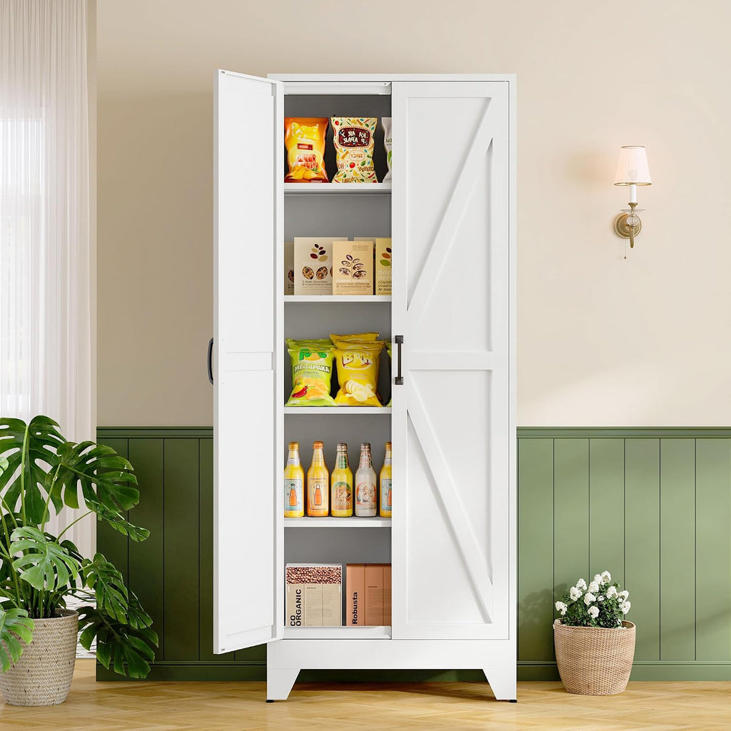 Farmhouse Storage Cabinet,75" H Metal Pantry Cabinet With Barn Doors And Adjustable Shelves,75" H 6-Tier Rustic Pantry Organizers For Kitchen,Dining Room,White