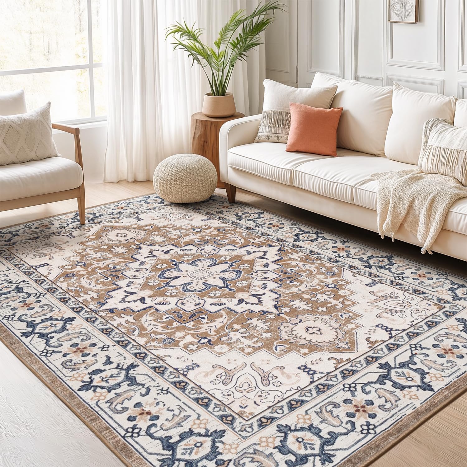 Lofus 5x7 Area Rugs for Living Room, Washable Area Rug, Rugs for Bedroom, Kitchen, Vintage Boho Carpet, Soft Non-Slip, Low Pile Large Area Rug for Office Dining Room, Floral Brown