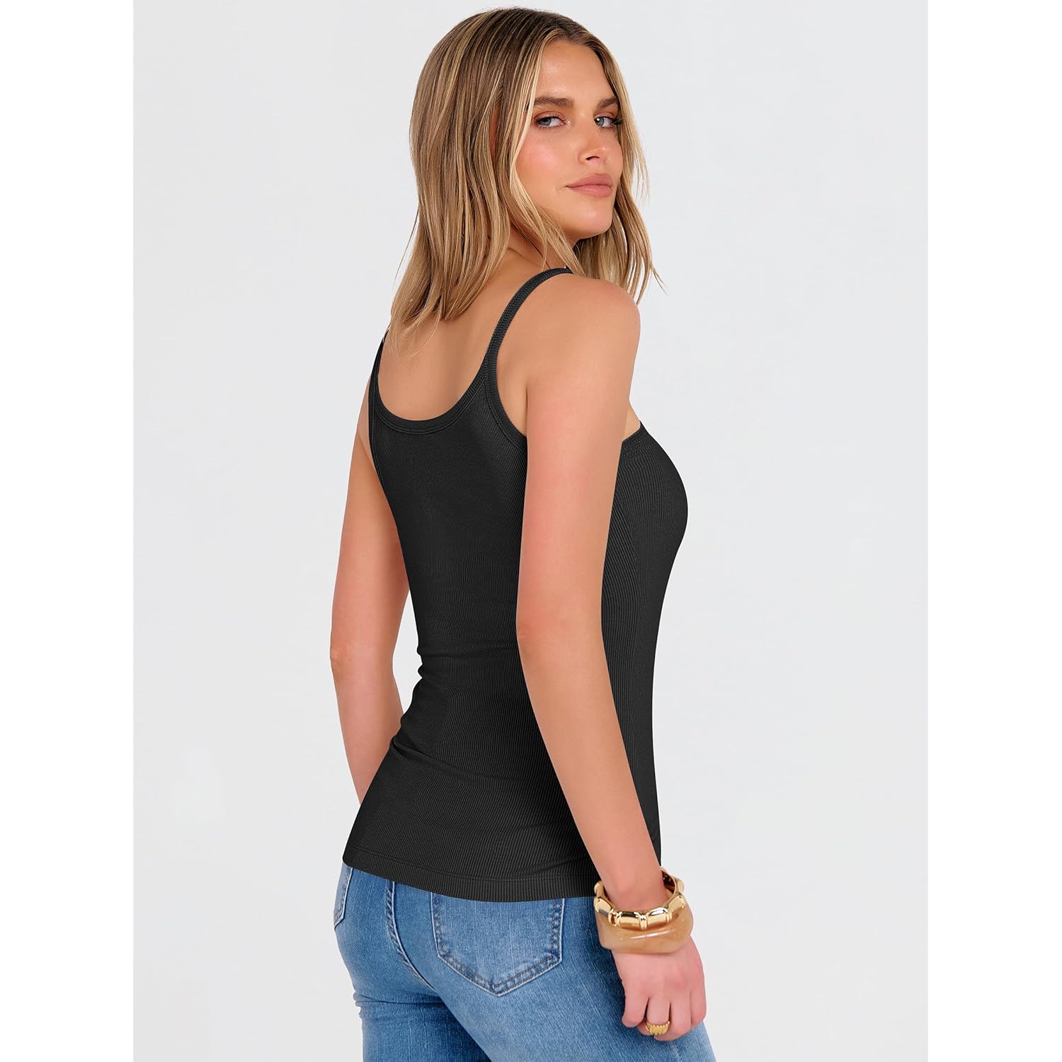 Tank Top for Womens Summer 2026 Scoop Neck Sleeveless Ribbed Knit Workout Basic Tees Slim Fitted Cami Shirts