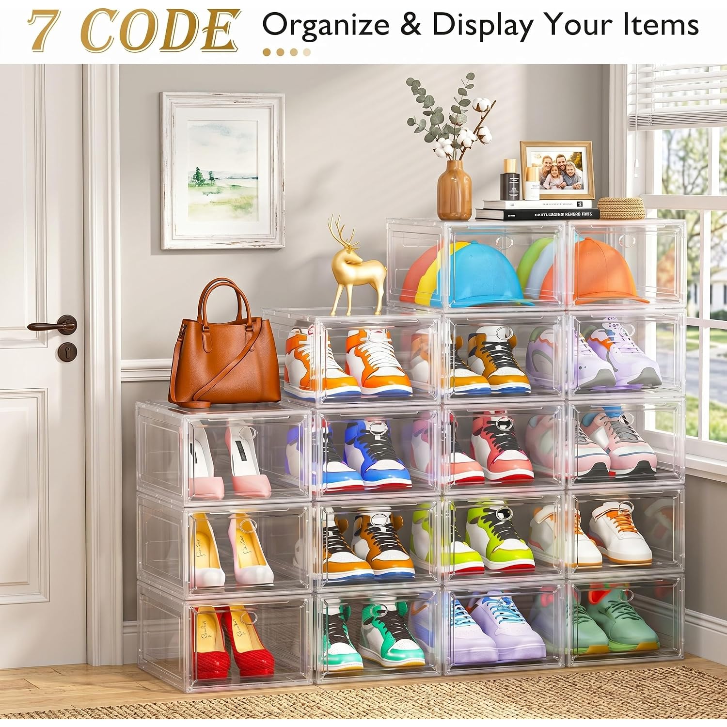 7 Code Shoe Organizer, Clear Thickened Stackable Shoe Boxes With Magnetic Door, Collapsible Closet Storage Rack For Sneakers & Boots, 6 Pack White, Virgin Material, Not Recycled Plastic For Household