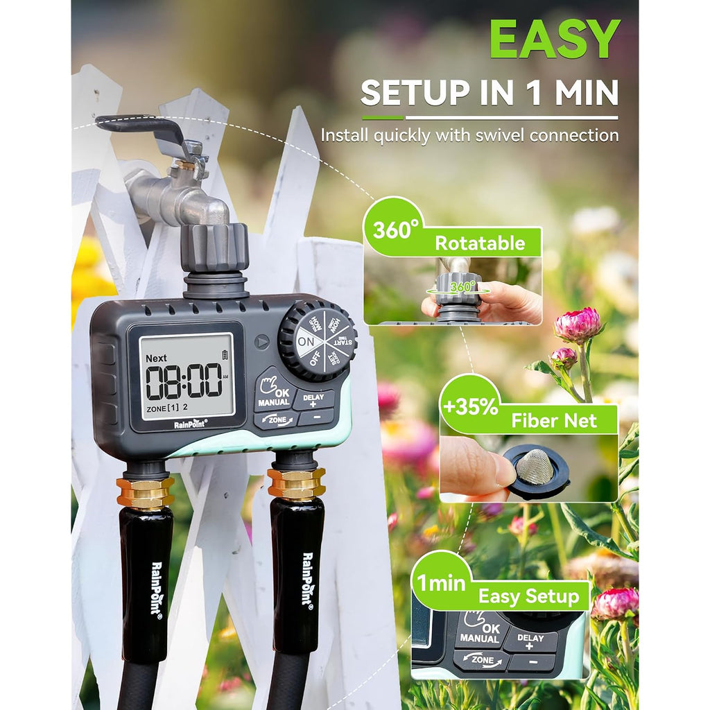 Rainpoint Water Timer For Garden Hose - 2 Zone Sprinkler Timer With Rain Delay/Manual Watering/Automatic Irrigation For Yard Lawn