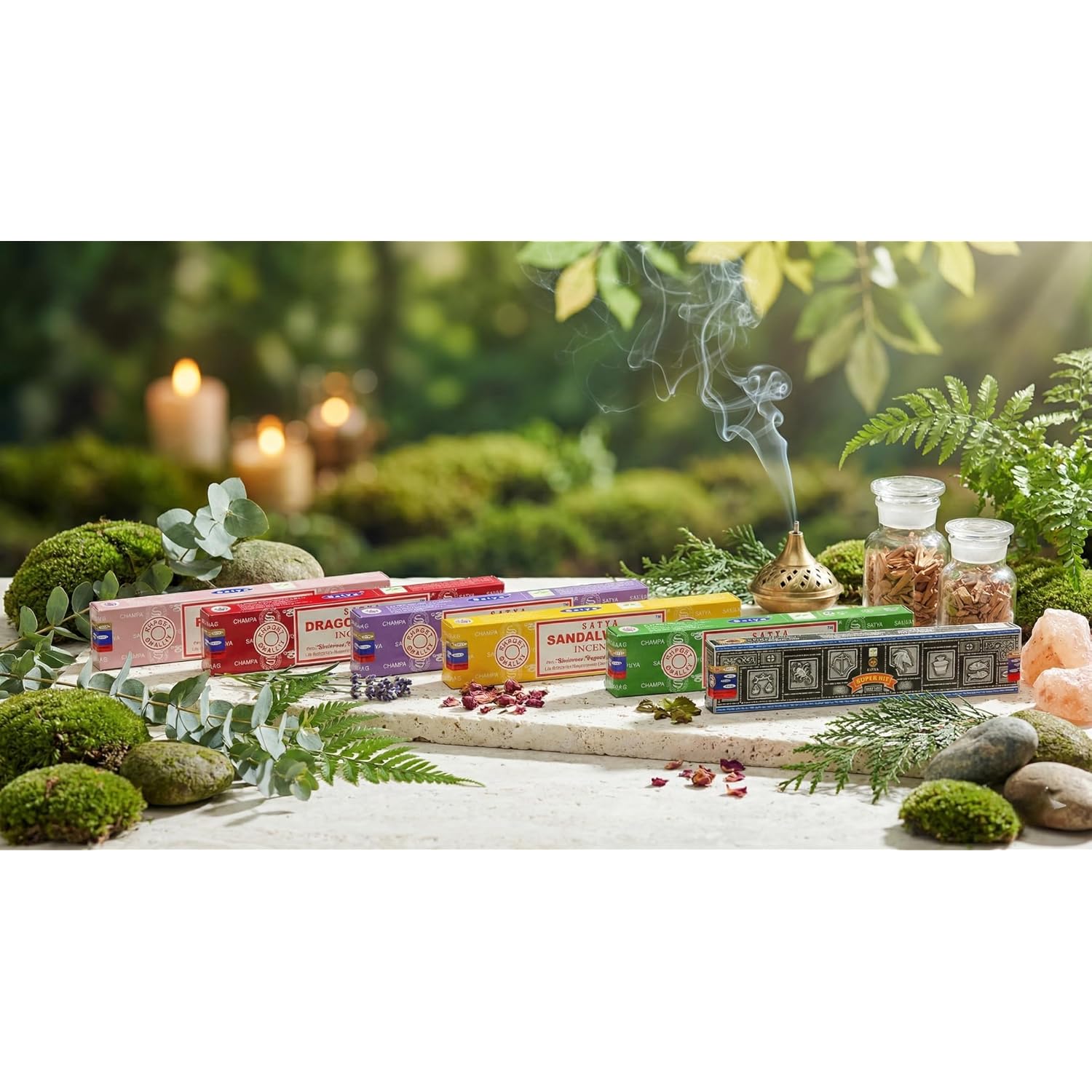 Satya Incense Gift Set Nag Champa, Super Hit, Dragon'S Blood, Sandalwood, Patchouli, Lavender, Positive Vibes, 15 G