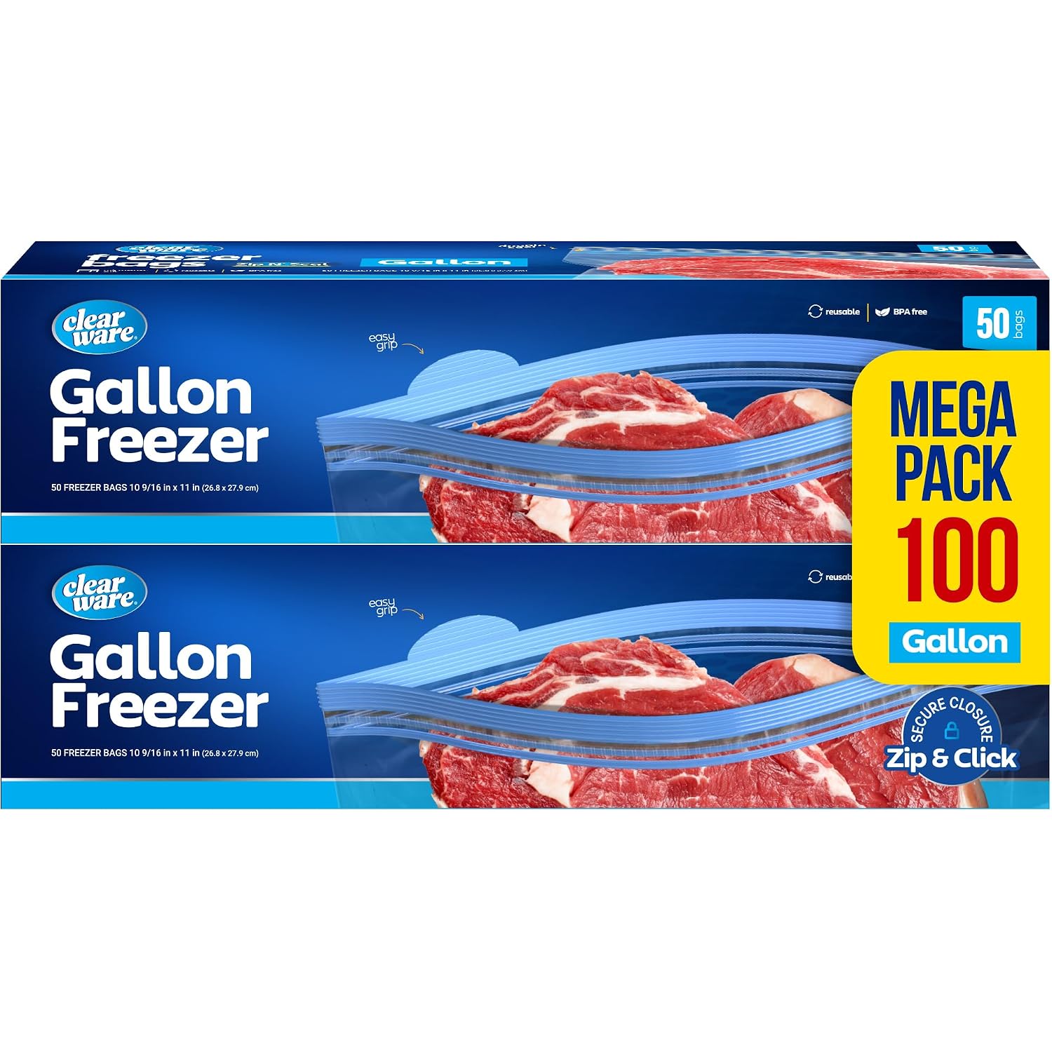 Gallon Freezer Bags, Double Zipper Seal - 100 Count, Thick Resealable Plastic Storage Bags - Reusable Gallon Storage Bags For Food Storage, Meat, Vegetables, Fruit - Microwave-Safe, Zero Bpa - 2 Boxes
