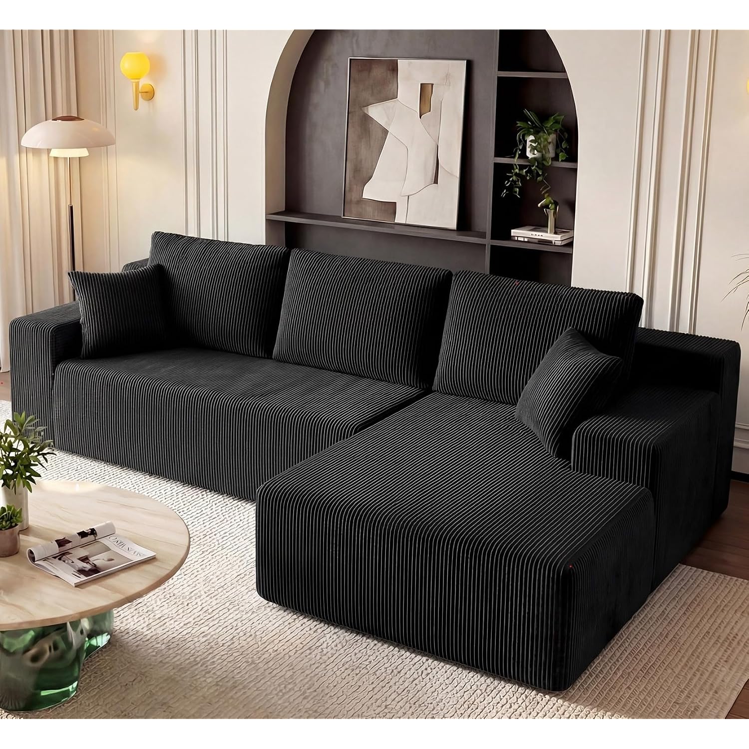 Cloud Sectional Boneless Couches For Living Room, Modular L Shaped Couch With Deep Seat Oversized Right Facing Chaise, Memory Foam Compressed Spineless 3 Seater Sofa For Apartment, Black