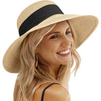 Sun Beach Hats for Women,Wide Brim Straw Hats Womens with Chin Strap, Foldable Woven Sun Hat UV Protection
