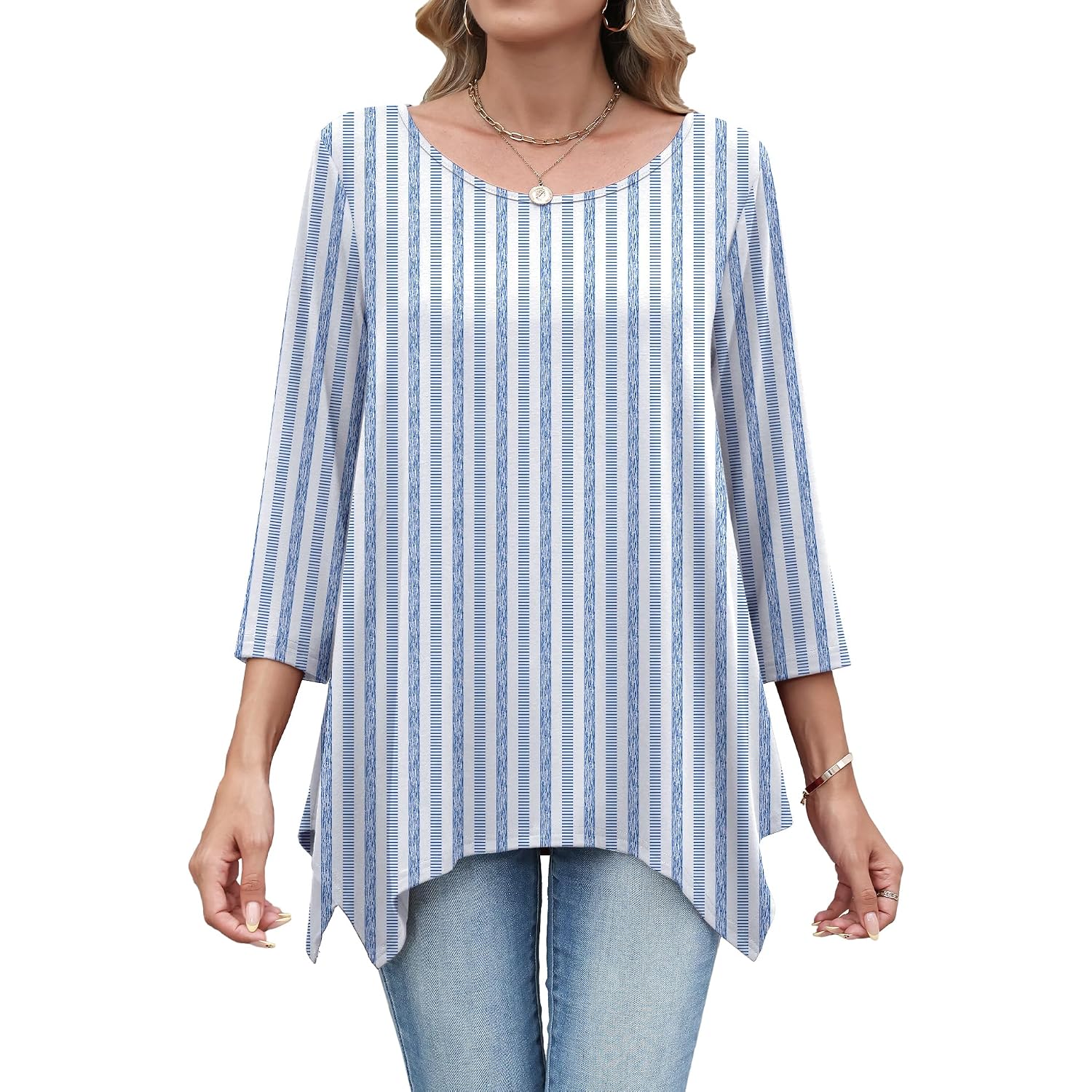 3/4 Length Sleeve Womens Tunic Tops Loose Fit Blouses Dressy Casual Crew Neck Tees S-2XL