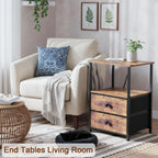 LOAKEKEL Night Stand Set 2, Nightstand with Charging Station, End Tables with Storage Shelf for Small Spaces, Bedside Table Side Tables with 2 Fabric Drawers for Bedroom, Rustic Brown, HETS020PBR