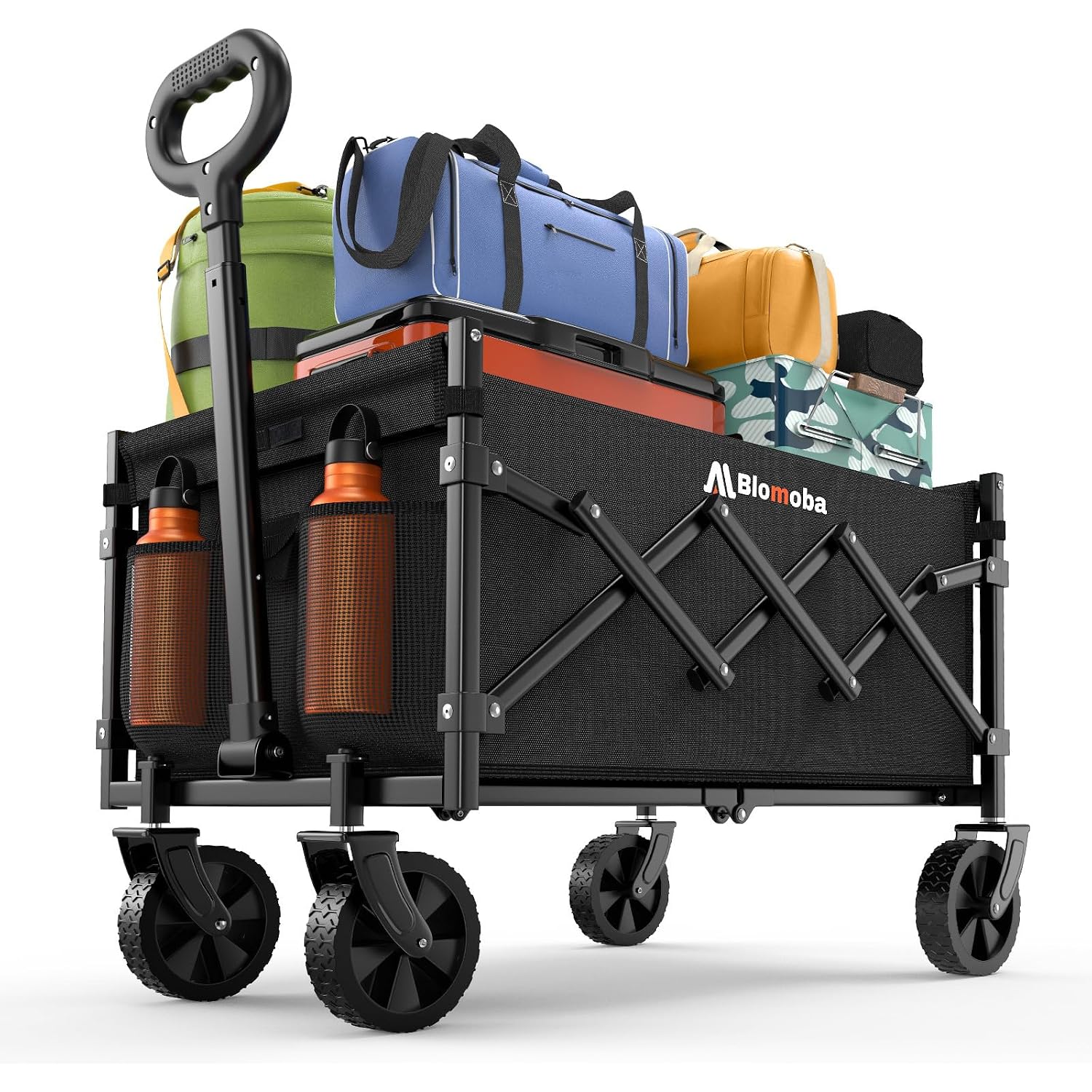 Folding Wagon Cart With Wheels, 220Lbs Utility Wagon Cart, Black | Collapsible Wagon With 360° All-Terrain Wheels & Adjustable Handle, Foldable Cart For Groceries Camping Sports Gardening