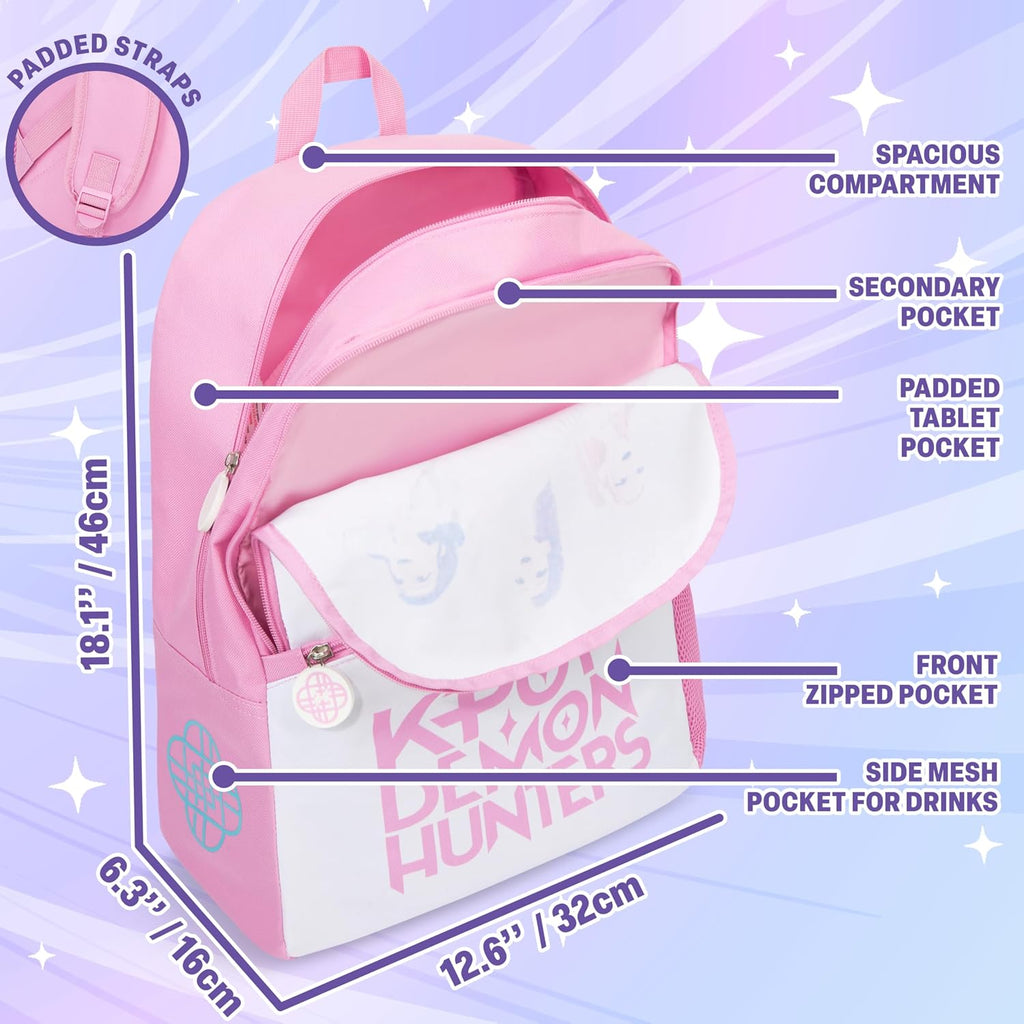 Get Trend Kpop Demon Hunters Backpack For Girls, Officially Licensed 18In Bookbag & Adjustable Padded Straps, Lightweight Travel School Bag, Huntrix Gifts For Girls (Pink/White)