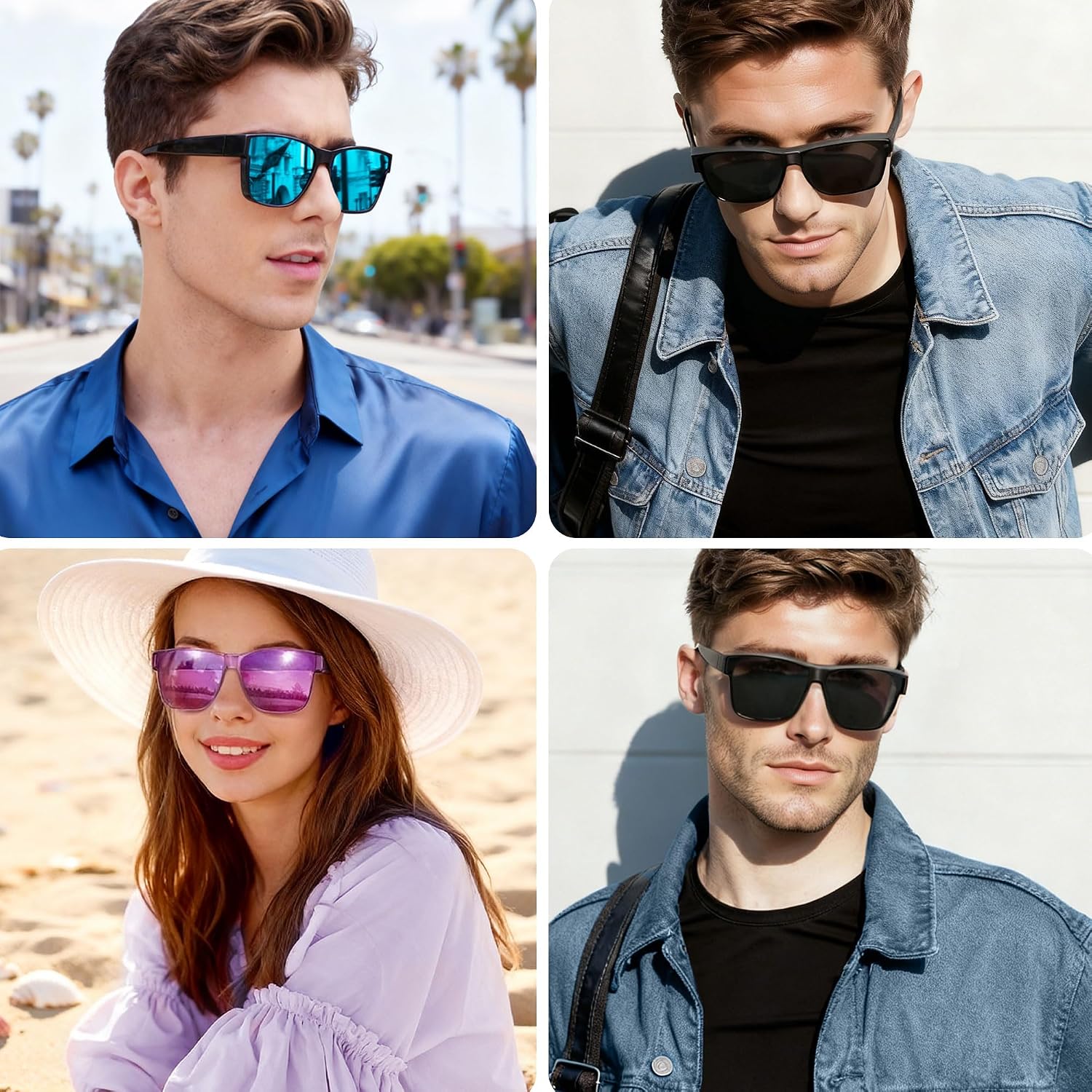 Fit Over Glasses Polarized Sunglasses for Women Men Oversized Square Shades UV400 Protection (3pack) Black + Mirror Blue + Mirror Purple