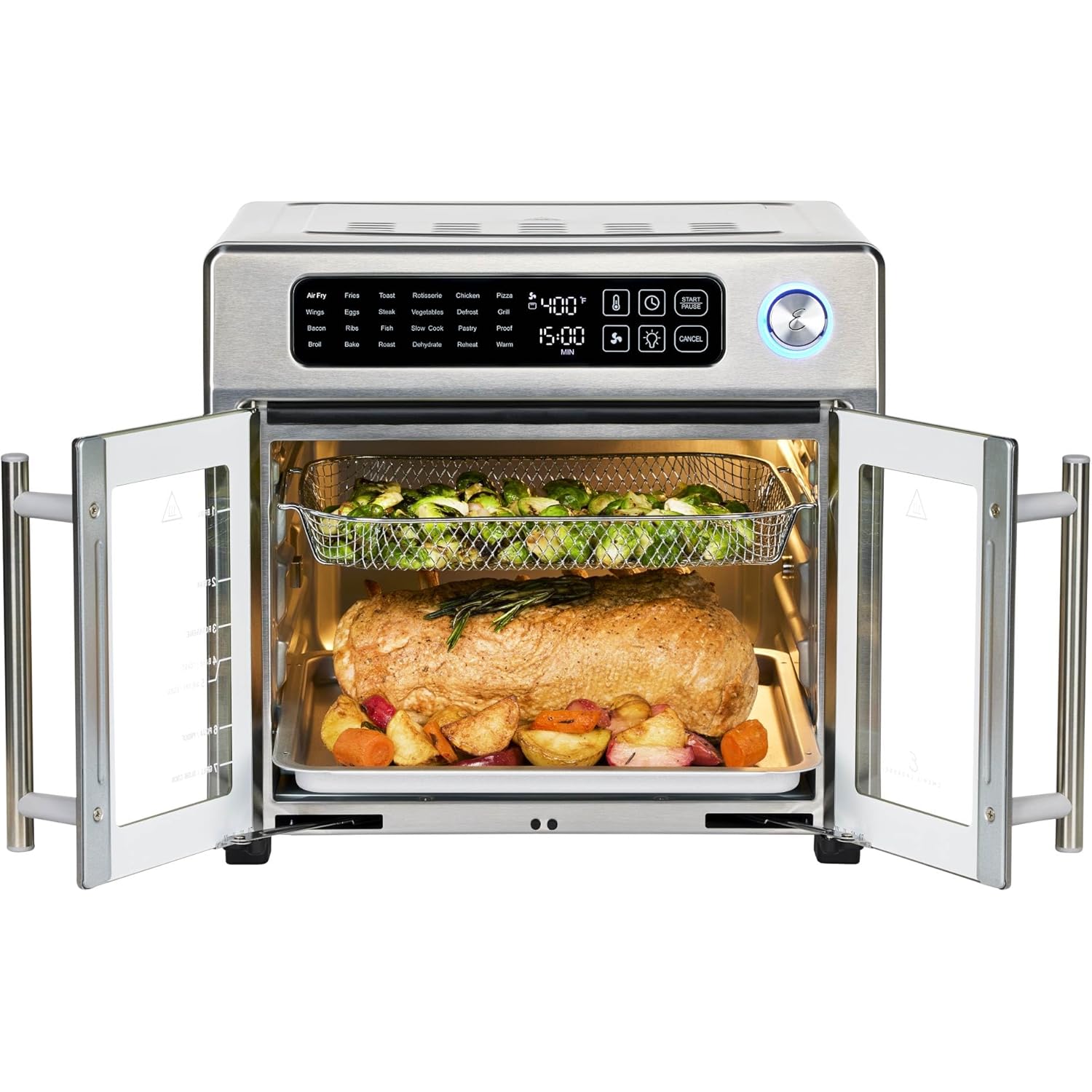 Emeril Lagasse Extra Large French Door Air Fryer Toaster Oven Combo, 24 Cooking Functions and Digital Controls, 7 Accessories Included, Stainless Steel Finish, 26QT Capacity