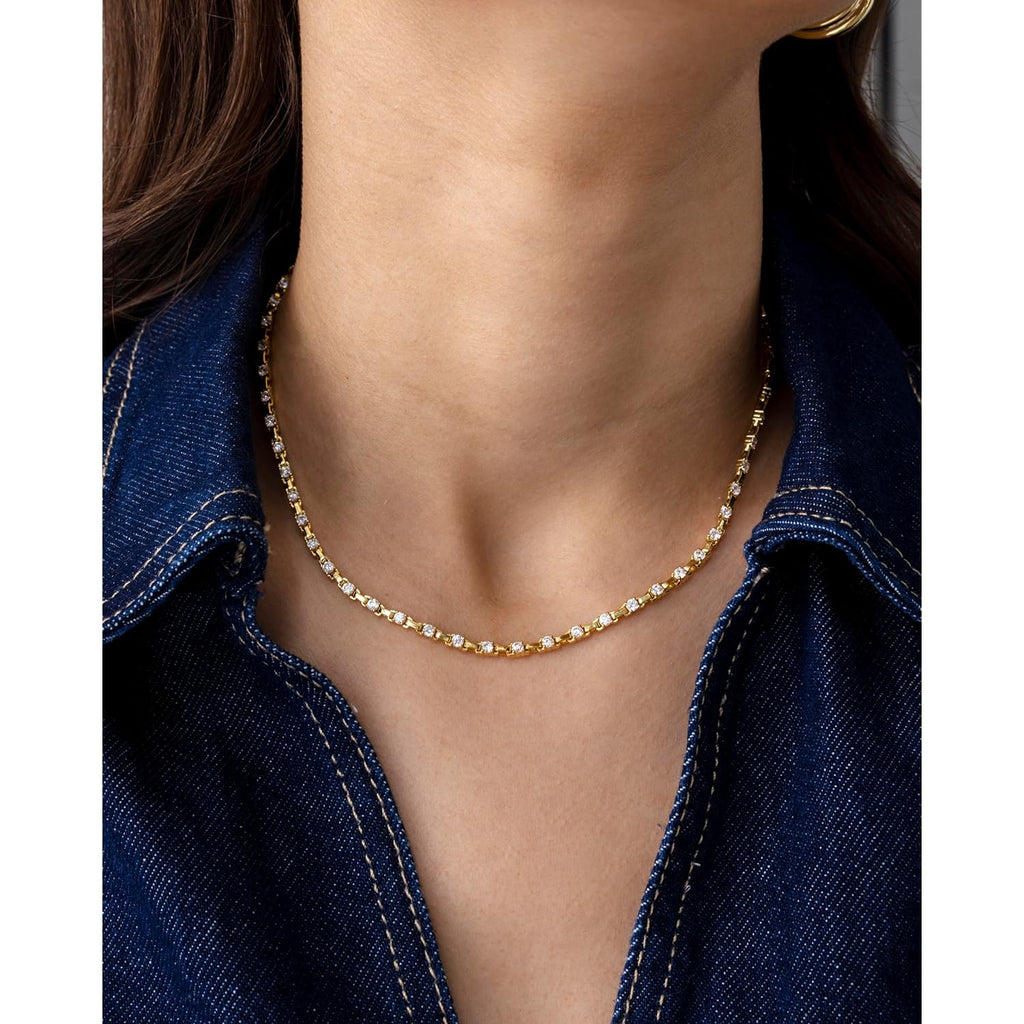 PAVOI 14K Gold Plated Simulated Diamond Tennis Necklaces for Women - Classic Tennis Chain - Timeless Station Round and Pear Cubic Zirconia Stones Choker Necklace