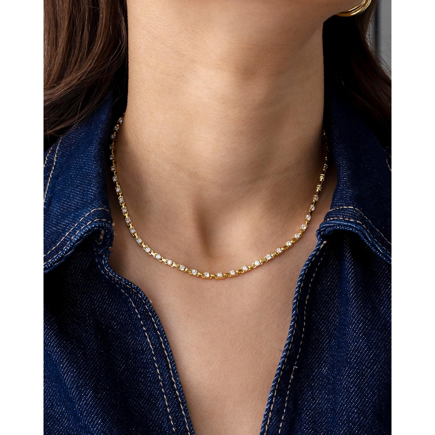 PAVOI 14K Gold Plated Simulated Diamond Tennis Necklaces for Women - Classic Tennis Chain - Timeless Station Round and Pear Cubic Zirconia Stones Choker Necklace