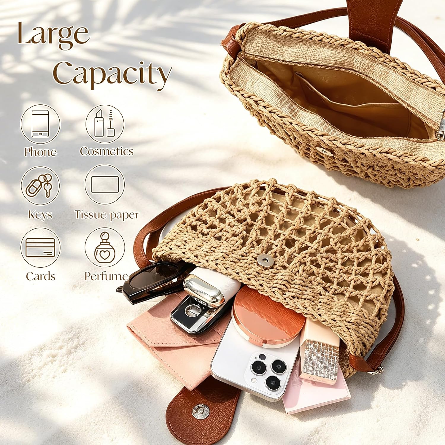 Straw Bag Beach Purse Summer Purses For Women Vacation Handbags Woven Crossbody Bags Straw Shoulder Bag