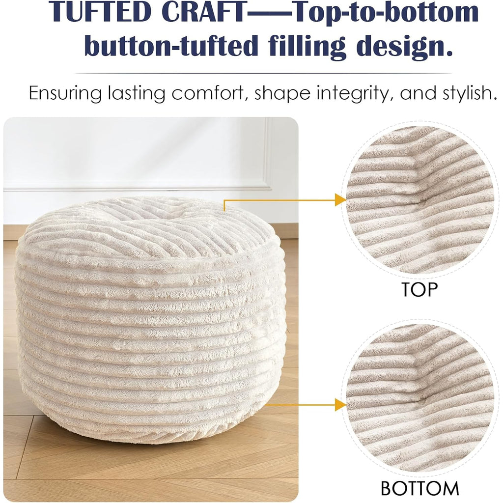 Round Ottoman,Corduroy Pouf Ottoman Foot Rest,Beige,18X14 In | Storage Ottoman Footstool For Living Room,18X14 Soft Floor Poufs,Memory Foam Filling,Footrest Only