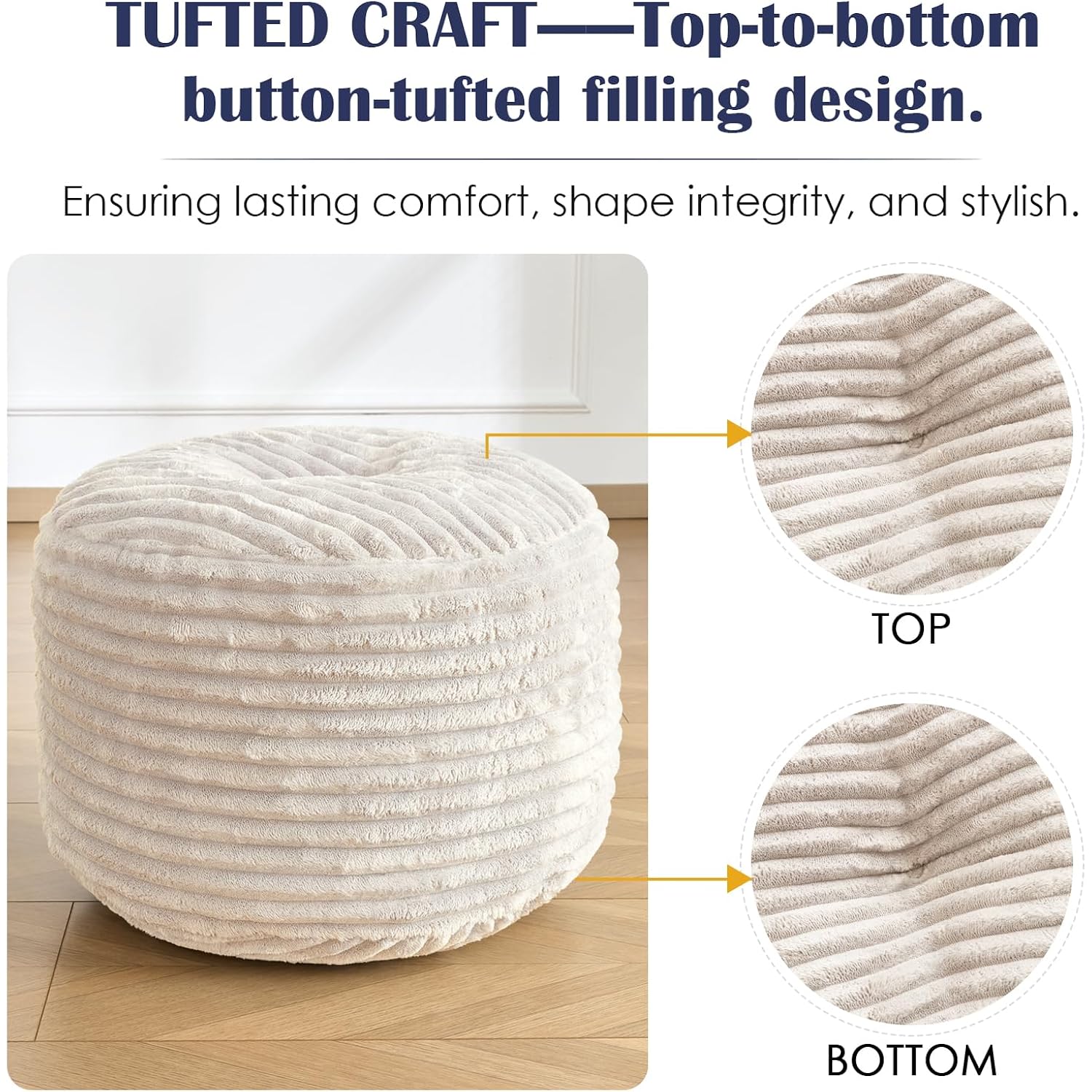 Round Ottoman,Corduroy Pouf Ottoman Foot Rest,Beige,18X14 In | Storage Ottoman Footstool For Living Room,18X14 Soft Floor Poufs,Memory Foam Filling,Footrest Only