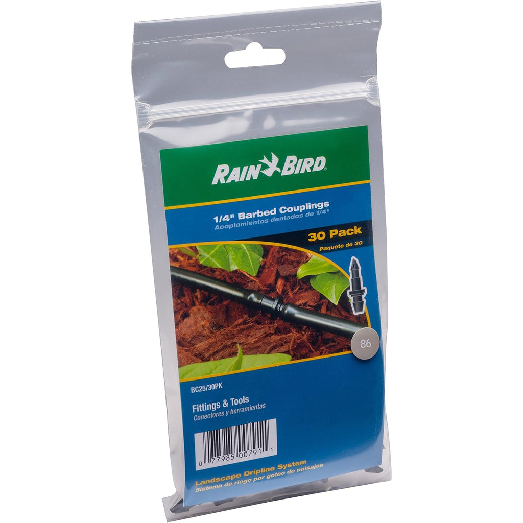 Rain Bird Bc25-30Ps Drip Irrigation Universal 1/4" Barbed Coupling Fitting, Fits 1/4" Drip Tubing, 30-Pack