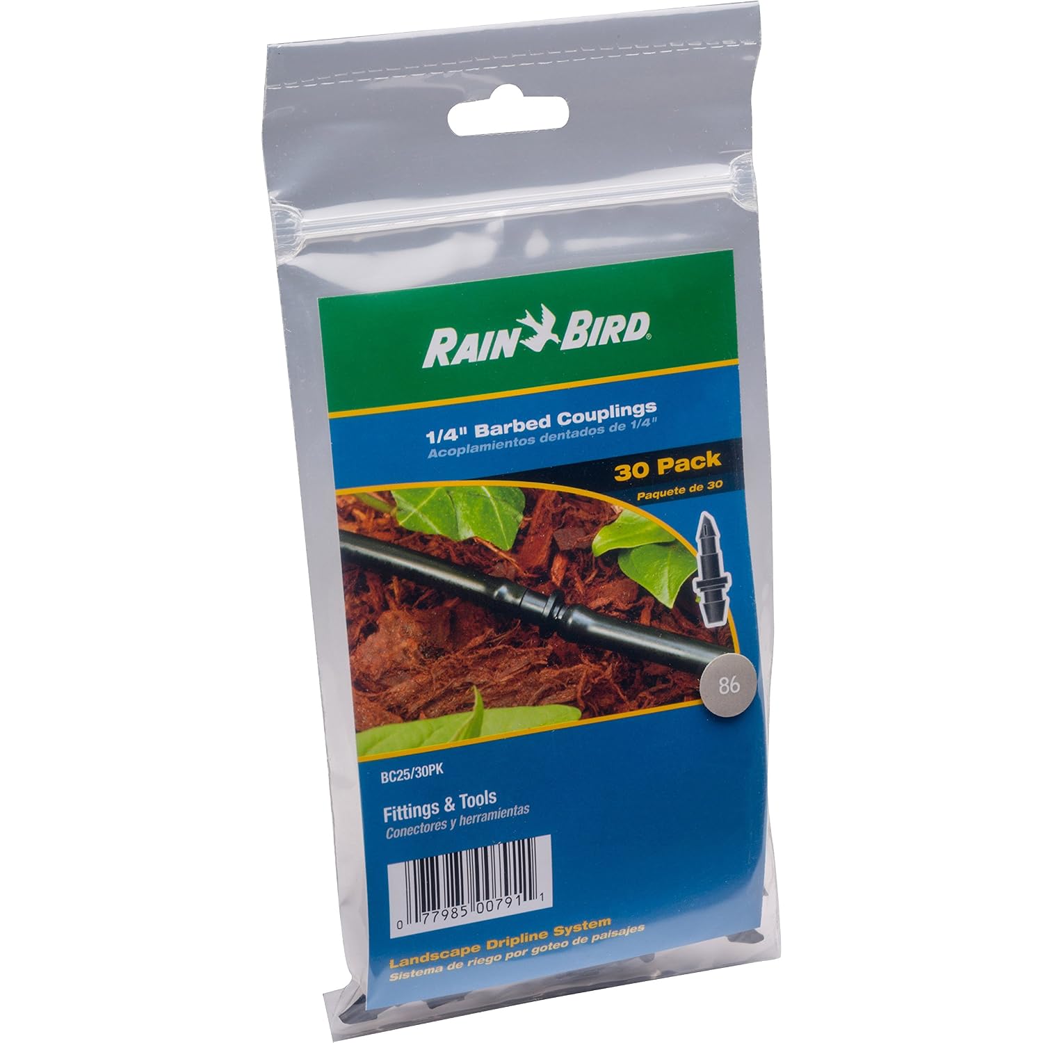 Rain Bird Bc25-30Ps Drip Irrigation Universal 1/4" Barbed Coupling Fitting, Fits 1/4" Drip Tubing, 30-Pack
