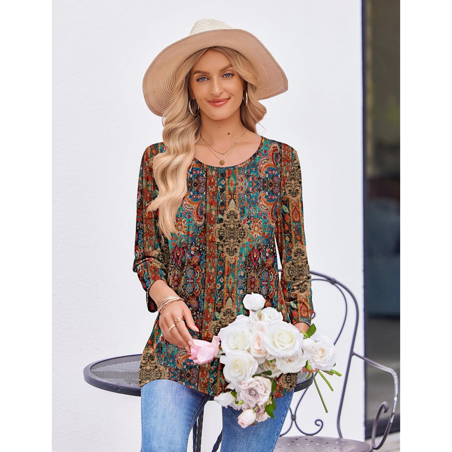 3/4 Length Sleeve Womens Tops Round Neck Casual Summer Tunic Tops Basic Tees Blouses Dressy T-Shirts Pleated Shirts