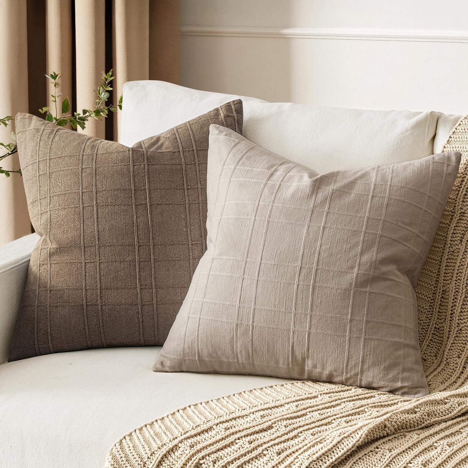 Miulee Decorative Linen Check Throw Pillow Covers Neutral Farmhouse Vintage Pillow Covers 20X20 Set Of 2 Boho Modern Home Decor For Sofa Couch Bedroom Cushion Natural Linen