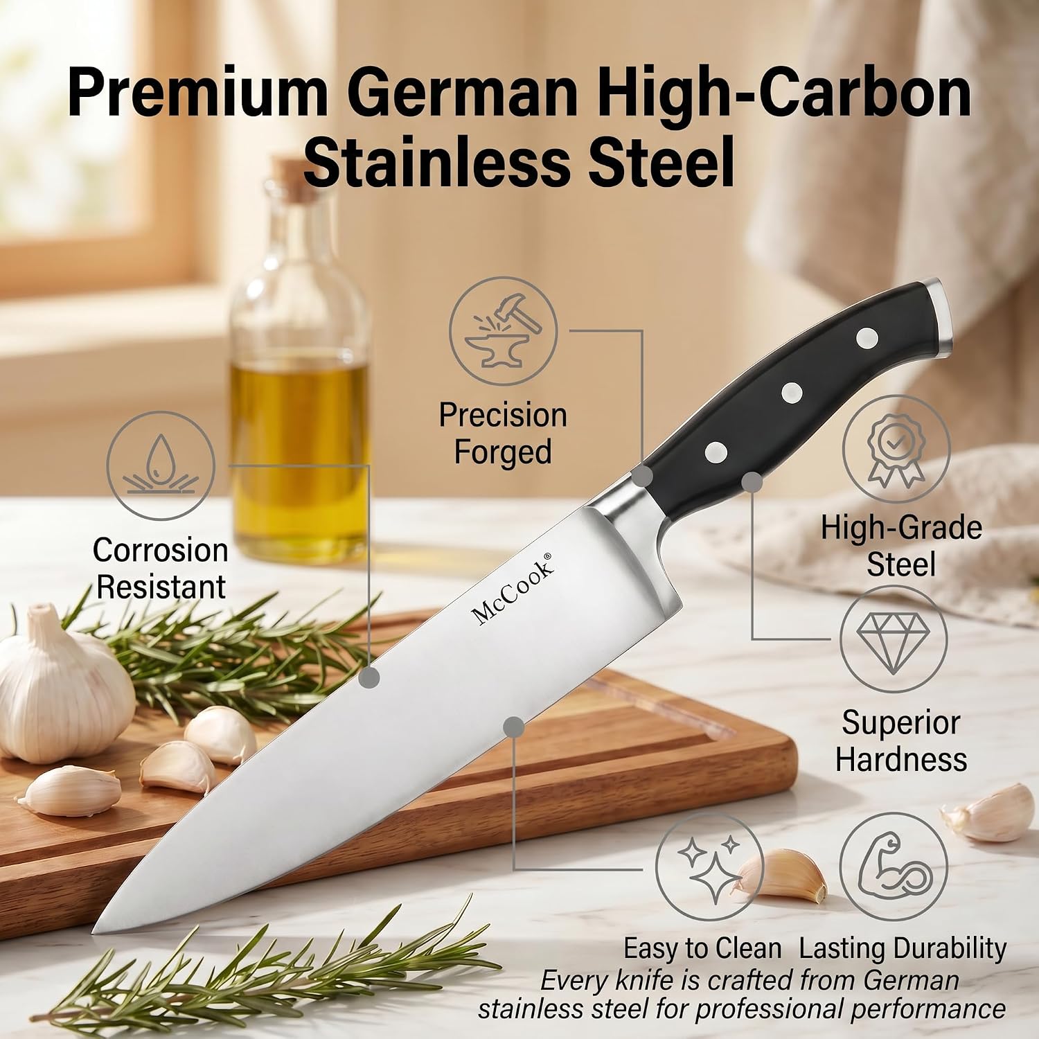 Mccook® Knife Sets,German Stainless Steel Kitchen Knife Block Set With Built-In Sharpener