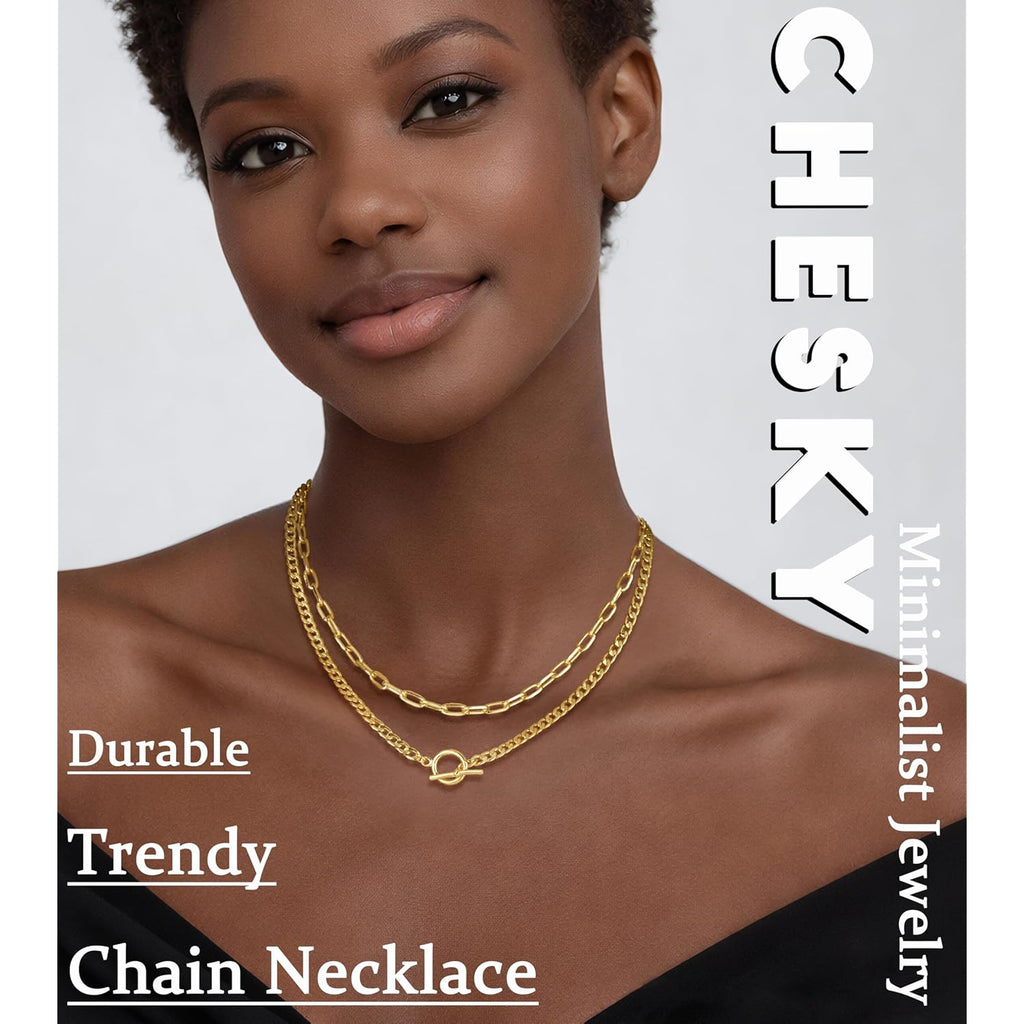 CHESKY Layered Necklaces for Women, 14K Gold Plated Chain Necklace Women Trendy Cuban Link Paperclip Chain Toggle Clasp Necklace Fashion Chunky Jewelry for Women