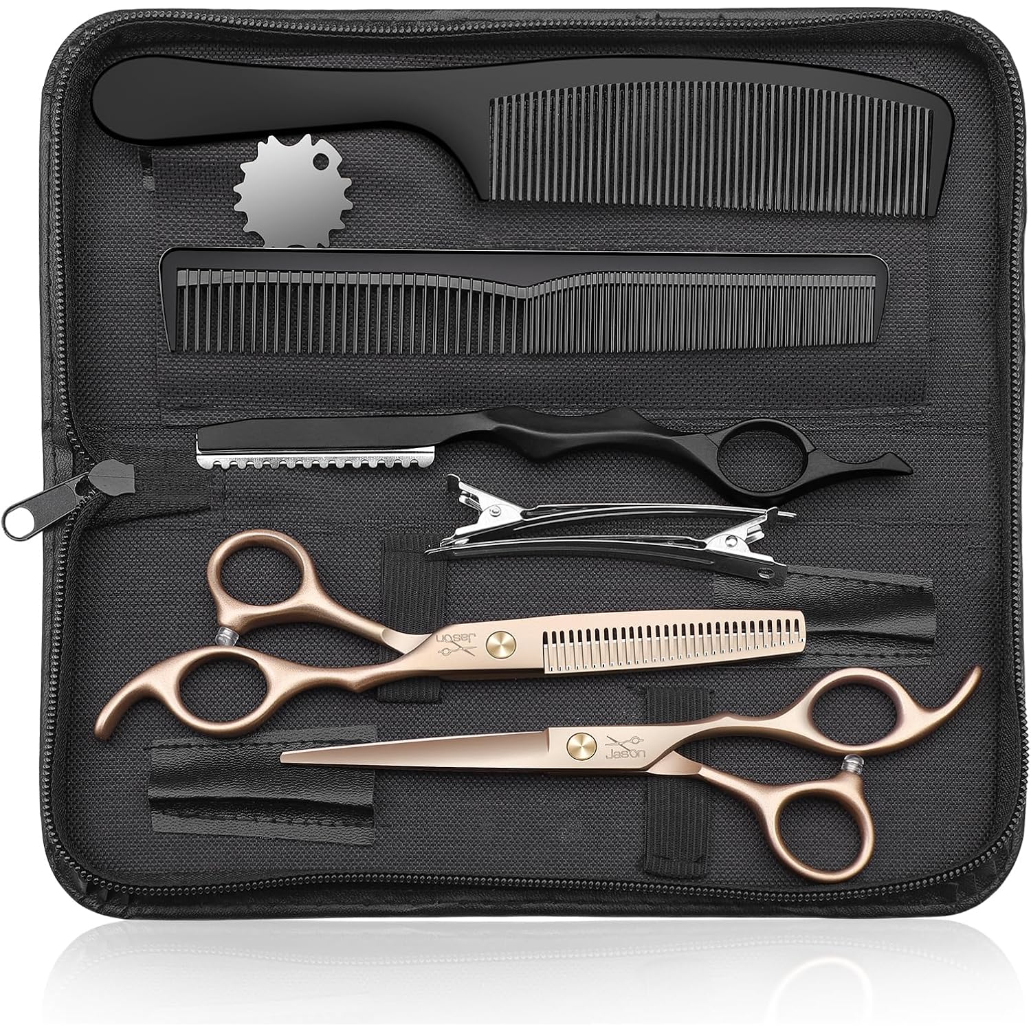 Jason Hair Cutting Scissors Set - 10-Piece Hair Thinning Texturizing Shears Straight For Men, Women & Home Salon Rosegold 6.0"