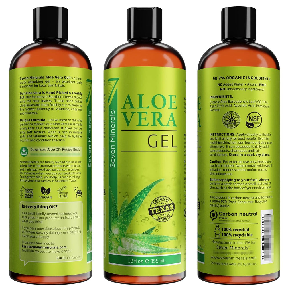 Seven Minerals Aloe Vera Gel With Freshly Cut Pure Organic Aloe - Big 12Oz - Texas Grown, Highestquality, Vegan, Unscented, Non-Sticky - After Sun, Sunburn Relief, Skin & Face Moisturizer, Hair Mask