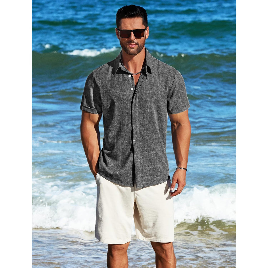 Men'S Linen Short Sleeve Button Down Shirt – Lightweight Breathable Summer Business Casual, Beach & Wedding Guest