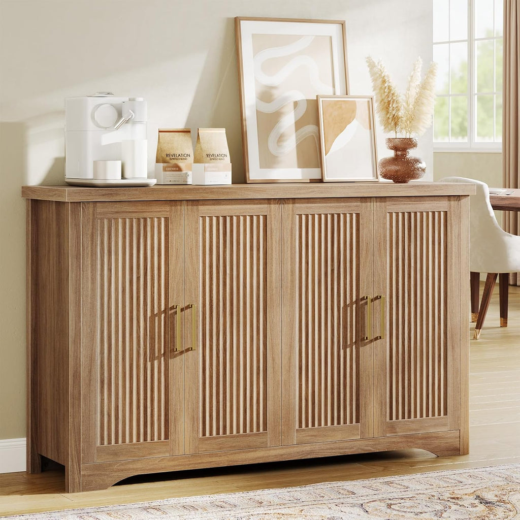 55" Fluted Sideboard Buffet Cabinet With Storage,Natural Oak | Modern Credenza With 4 Doors & Adjustable Shelves,Coffee Bar Table Console For Dining Room Kitchen Living Room Entryway