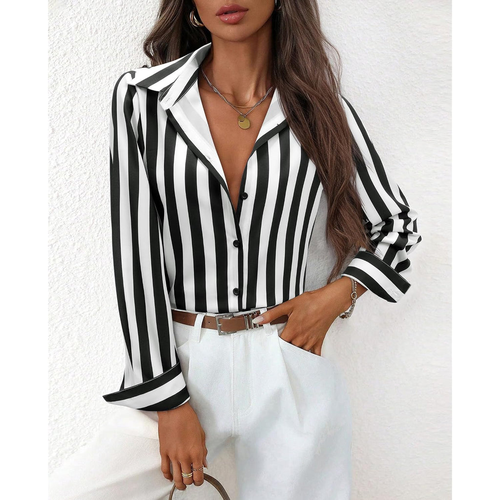 Siliteelon Button Down Shirts For Women Striped Dress Shirts Long Sleeve Casual Collared Office Work Blouses Tops