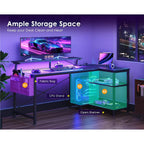 Odk 48 Inch Gaming Desk With Usb Charging Ports And Led Lights, Reversible L Shaped Computer Desk With Storage Shelves & Monitor Stand, Corner Gamer Desk Table With Power Outlets, Black