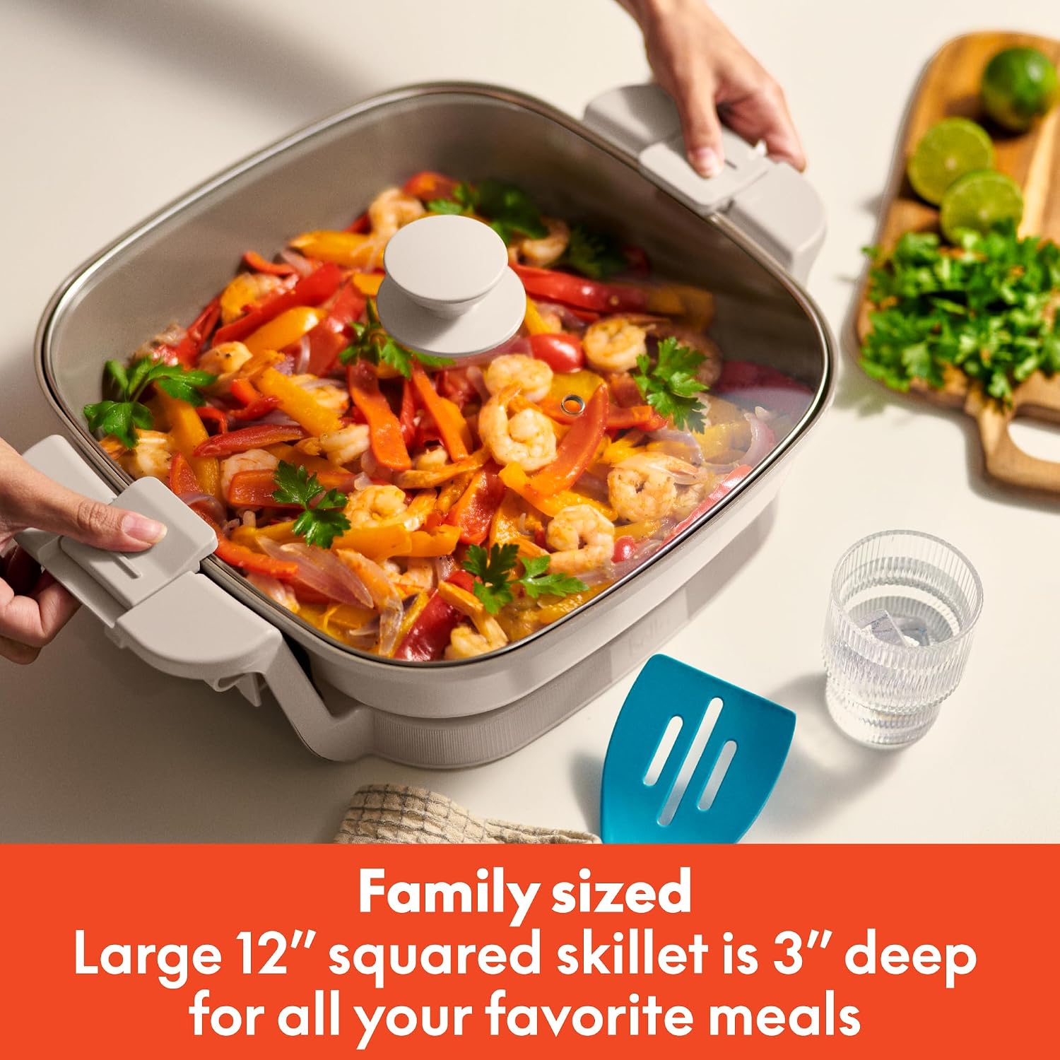 Bella Make & Take Electric Skillet, Fits-Anywhere™ Kitchenware, Evergood™ Ceramic Coating, Adjustable Temperature & Dishwasher-Safe Tempered Glass Lid, Cast Aluminum Base, 1200 Watt, Oatmilk