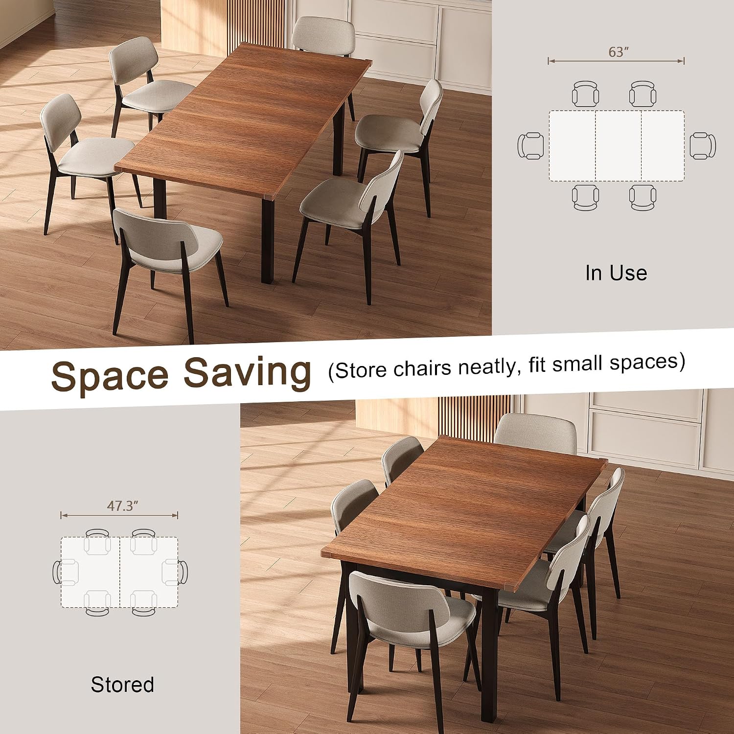 Extendable Dining Table For 4-6, 63" Modern Kitchen Table, Farmhouse Dining Room Tables For Dining, Kitchen, Office, Living Room, Rectangular Wooden Tables, Space Saving (Walnut)
