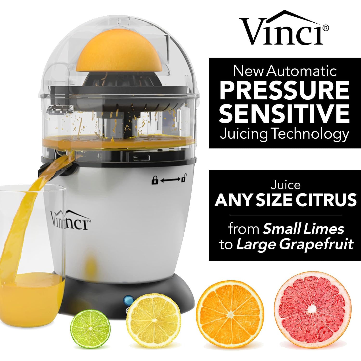 Vinci Hands Free Electric Citrus Juicer, 1-Button Juicer Machine, Orange Lime Grapefruit Lemon Squeezer, Easy To Clean Orange Juicer Squeezer, Black/Stainless Steel