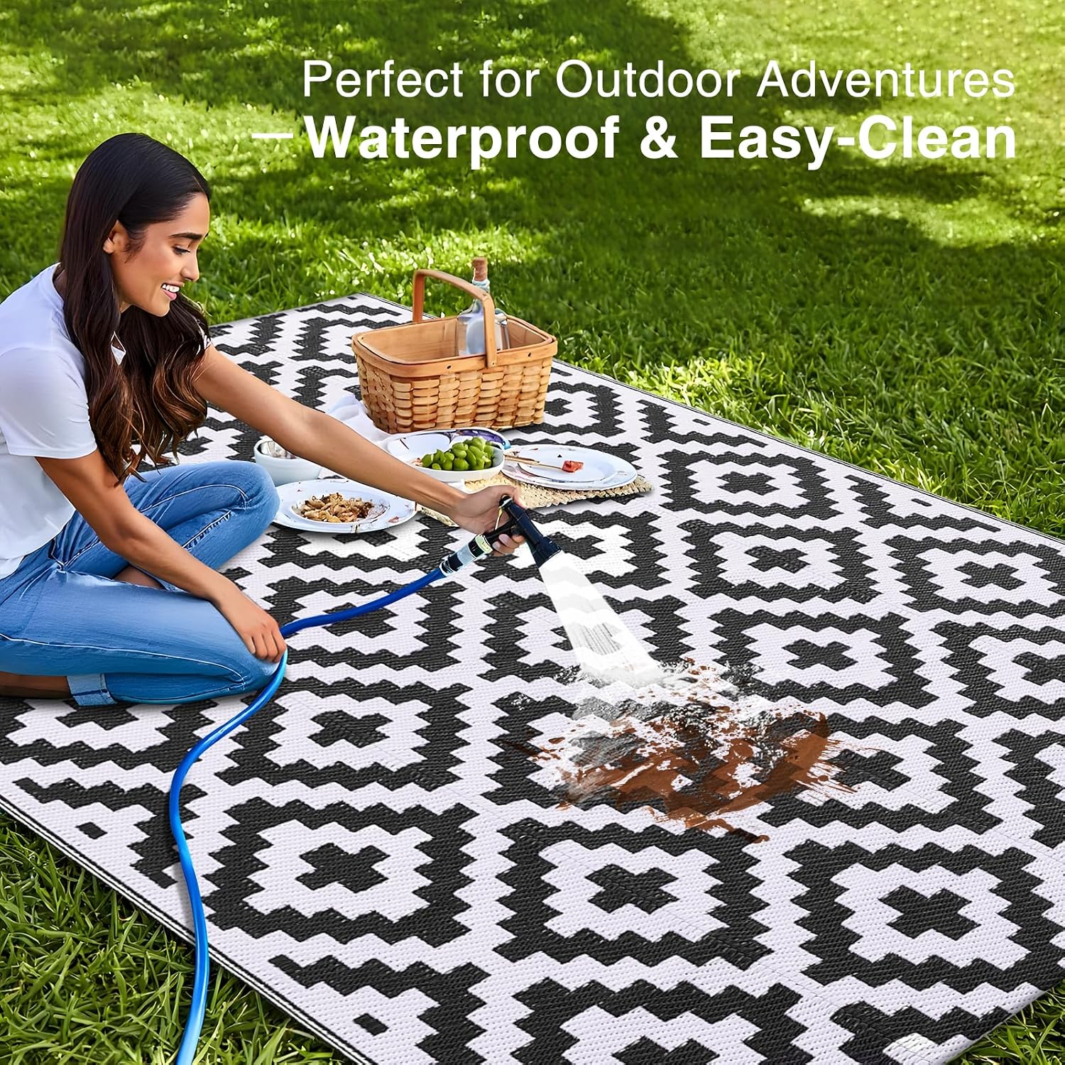 Olanly Waterproof Outdoor Rug 5X8 Ft, Outdoor Plastic Straw Rug For Camping, Rv Mat Outside, Indoor Outdoor Carpet For Porch, Deck, Backyard, Balcony, Picnic, Black & White