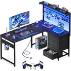 Motpk 43” L Shaped Gaming Desk For Small Rooms, Compact Corner Computer Table With Shelf & Hutch, 4 Drawers, Reversible Study Desk With Led Light, Power Outlets & Usb Ports, Home Office Table, Black