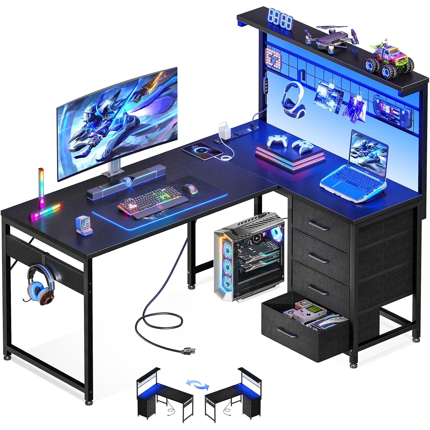 Motpk 43” L Shaped Gaming Desk For Small Rooms, Compact Corner Computer Table With Shelf & Hutch, 4 Drawers, Reversible Study Desk With Led Light, Power Outlets & Usb Ports, Home Office Table, Black