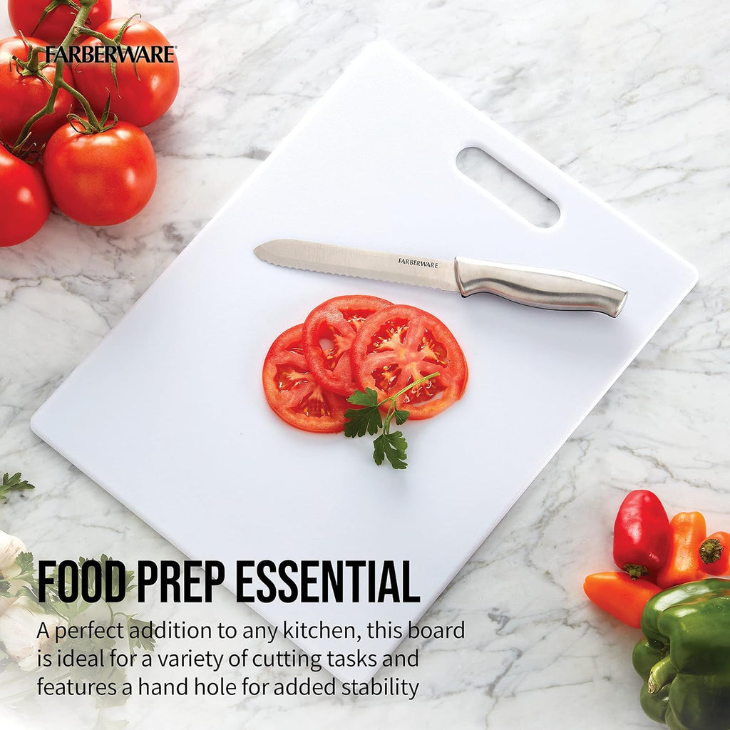 Farberware Large Cutting Board, Dishwasher- Safe Plastic Chopping Board For Kitchen With Easy Grip Handle, 11In By 14In, White