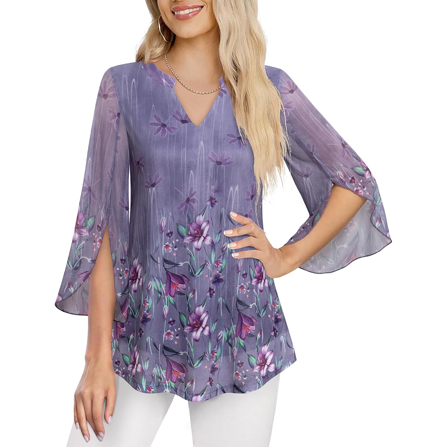 Women's 3/4 Sleeve Floral Tunic Tops V Neck Double Layers Loose Fit Mesh Blouses Shirt