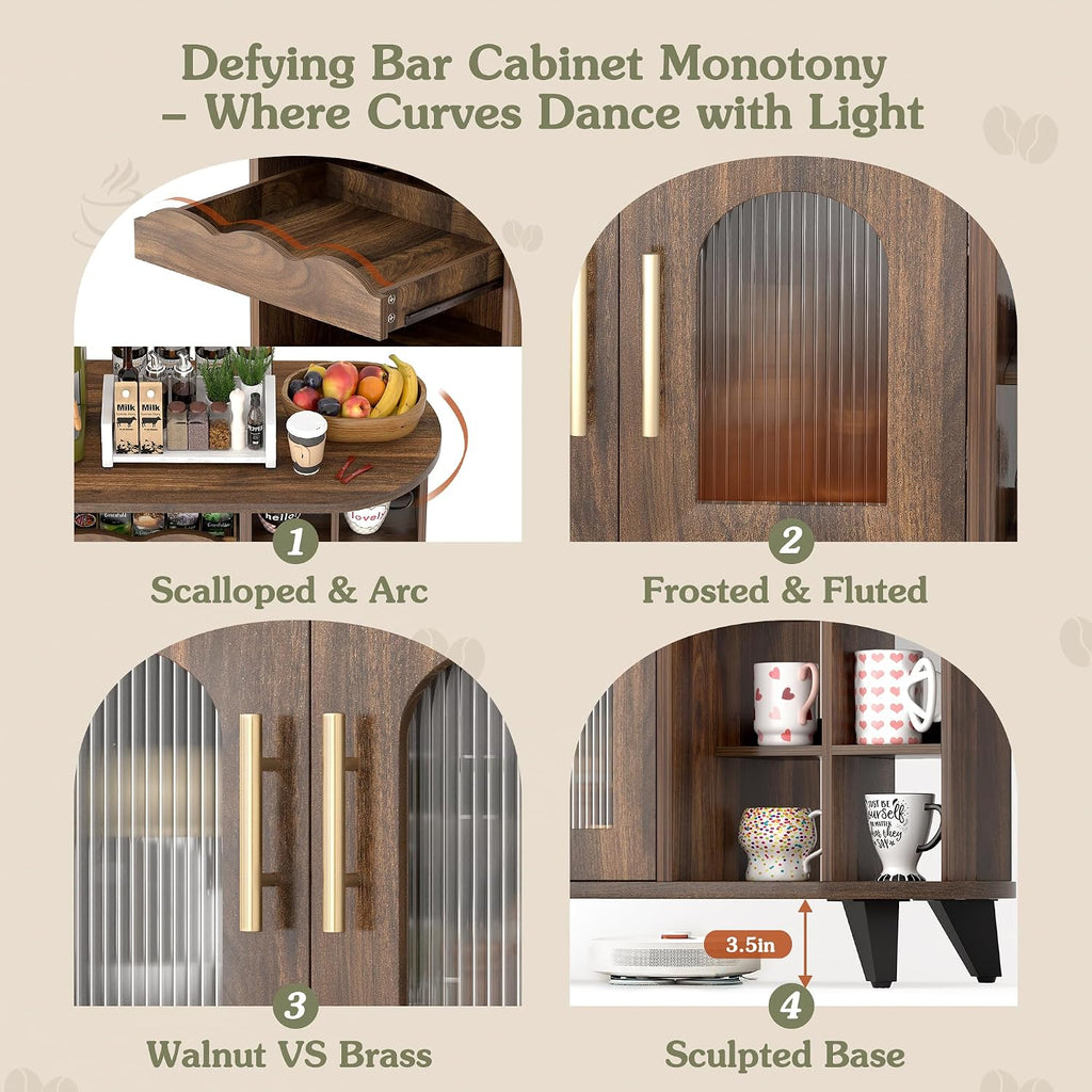 Coffee Bar Cabinet With 24-Cup Display, Large Drawer & Storage,Modern Buffet Sideboard For Kitchen, Medium Wooden Bar Station For Apartment，Walnut