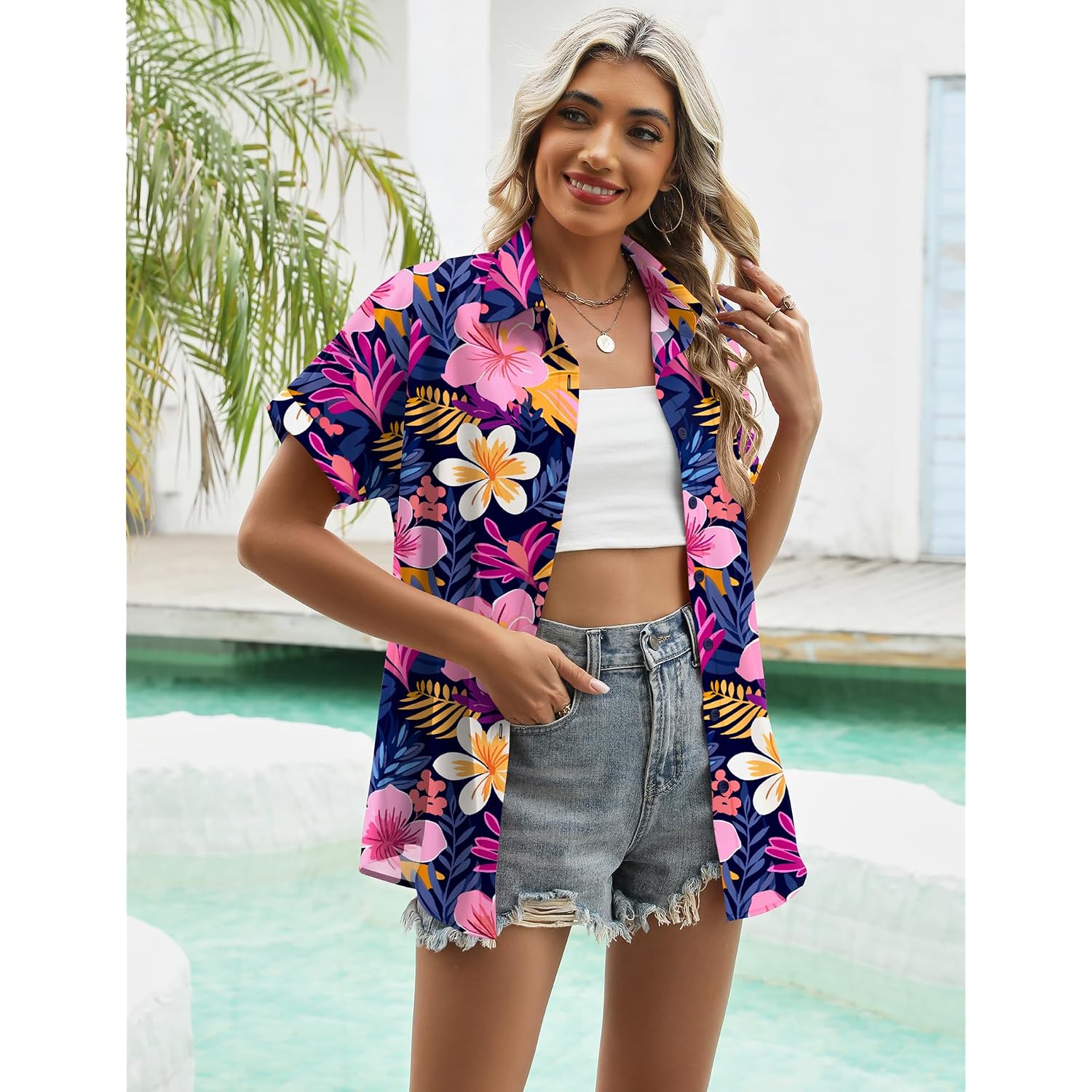Lomon Women'S Summer Hawaiian Shirts Floral Short Sleeve Button Down Shirts Hawaii Tropical Beach Tops Outfits