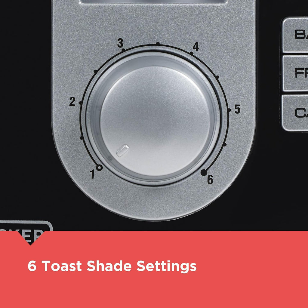Black+Decker 2-Slice Toaster, Extra Wide Slots For Bagels & Thick Bread, 6 Browning Settings, Removable Crumb Tray, Cancel Button, 850W, Black