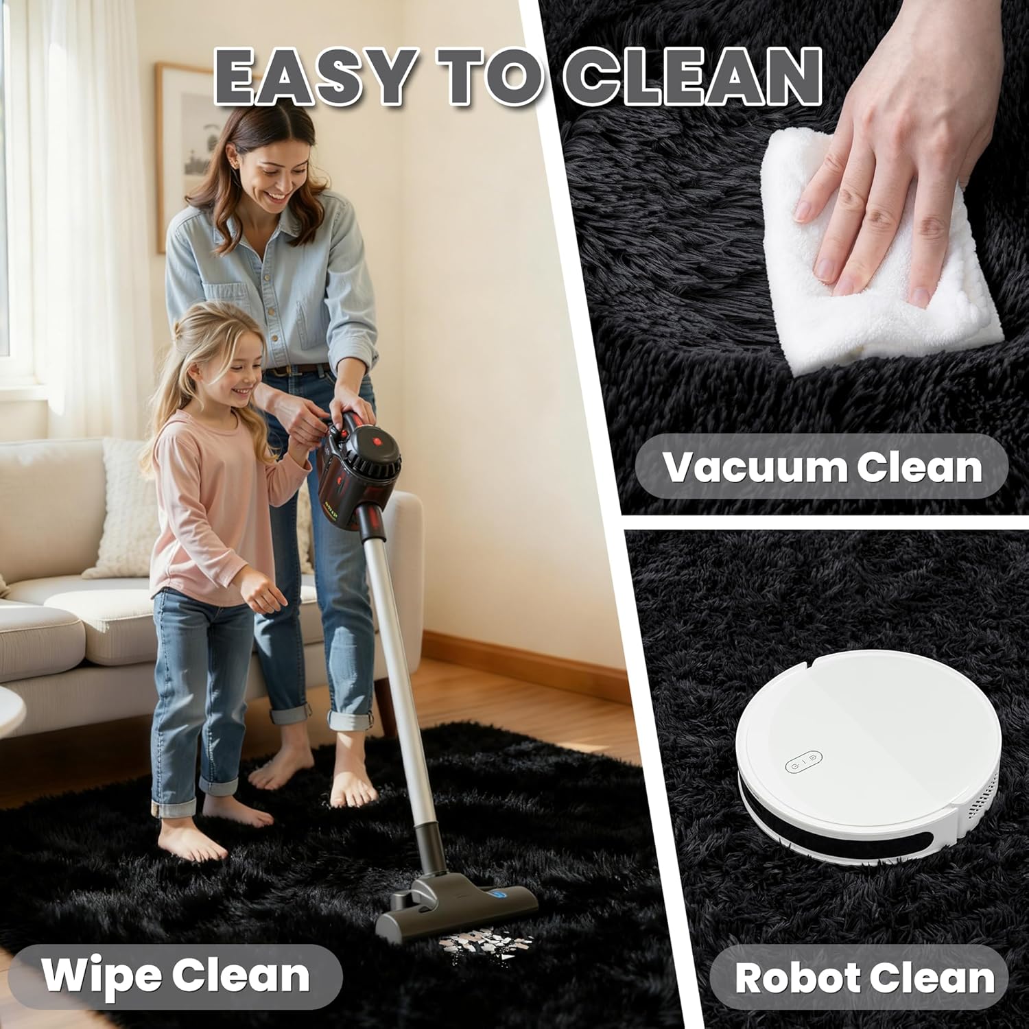 6x9 Area Rug for Living Room, Ultra Soft Fluffy Shag Rugs for Bedroom, Non-Slip Large Fuzzy Plush Rug Indoor Floor Carpet for Nursery Kids Office Dorm Modern Decor, Black